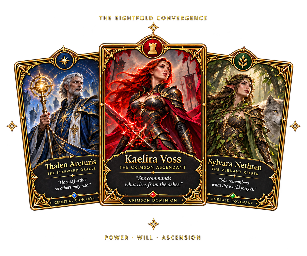 Three ornate fantasy cards centered on Kaelira Voss